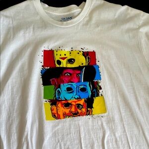 White Graphic T-Shirt with Colorful Horror Faces